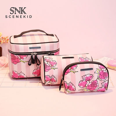 Set Tas Kosmetik Kulit PU Pencetakan Bunga Kecantikan Make Up